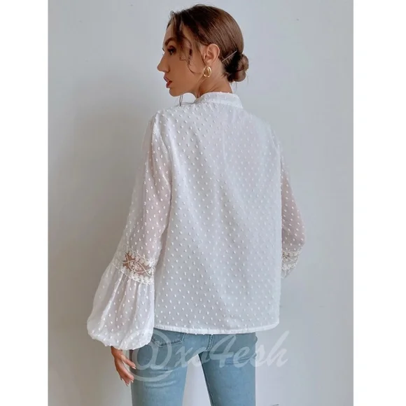 White Blouse Shirt Lantern Sleeves Tassel Ties French Style V-Neck Lace Detail - Picture 5 of 9
